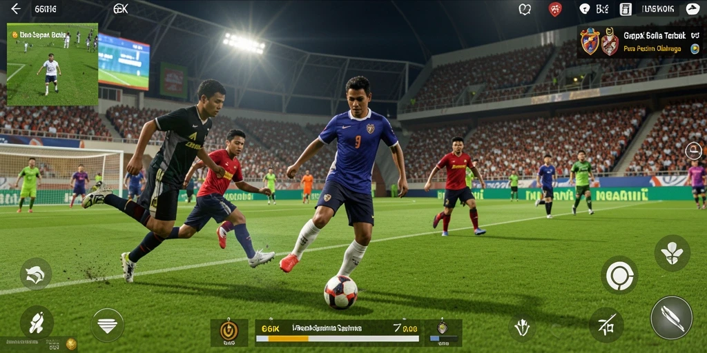 Screenshot gameplay 66K menunjukkan aksi seru di lapangan sepak bola.