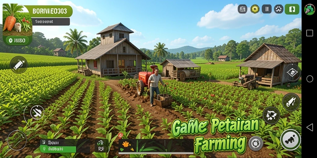 Screenshot gameplay <strong>BORNEO303</strong> menampilkan pertanian yang indah dan aktif.