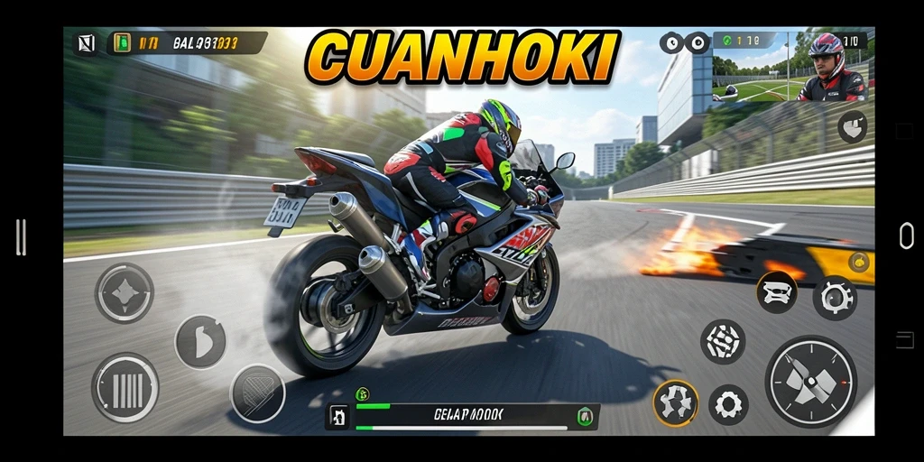 Gambar utama CUANHOKI menampilkan motor balap yang melaju kencang di lintasan.