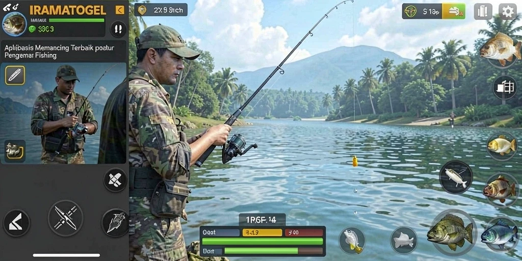 Screenshot gameplay IRAMATOGEL menunjukkan pengalaman memancing yang seru dan realistis.