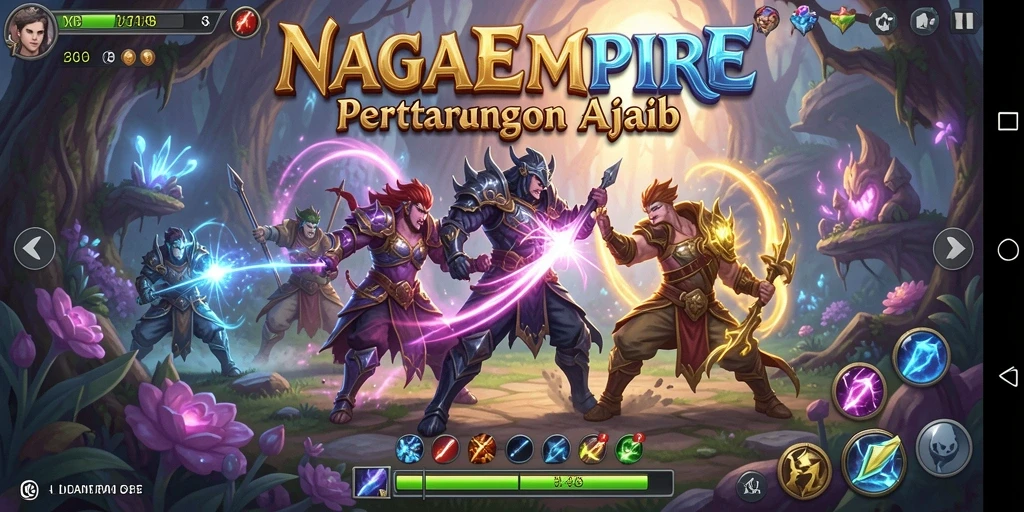 Screenshot menunjukkan pertarungan epik dalam NAGAEMPIRE dengan grafis fantastis.