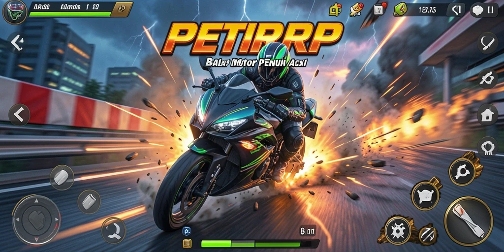 Screenshot permainan PETIRRP menampilkan balapan motor yang mendebarkan.